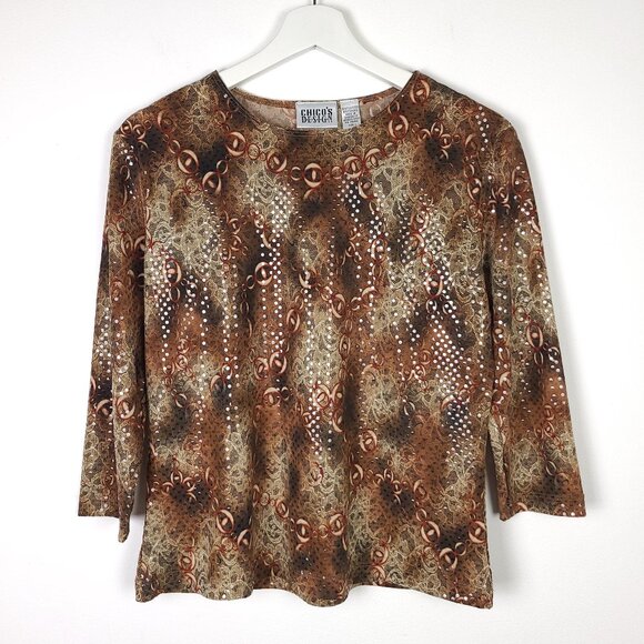 Vintage Chico's Brown Shiny Printed Crop Sleeve Top - Picture 1 of 7
